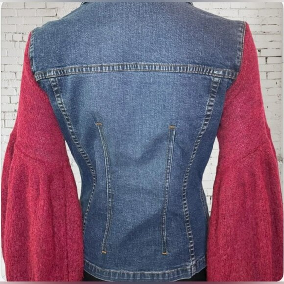 UPCYCLED one of a kind denim blazer Jacket Seven Jeans Sweater sleeves |Size Med - Picture 3 of 3